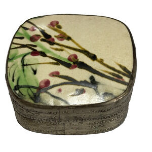 Vintage Chinese Porcelain Shard Trinket Box Hand Painted Silver Plated Pill